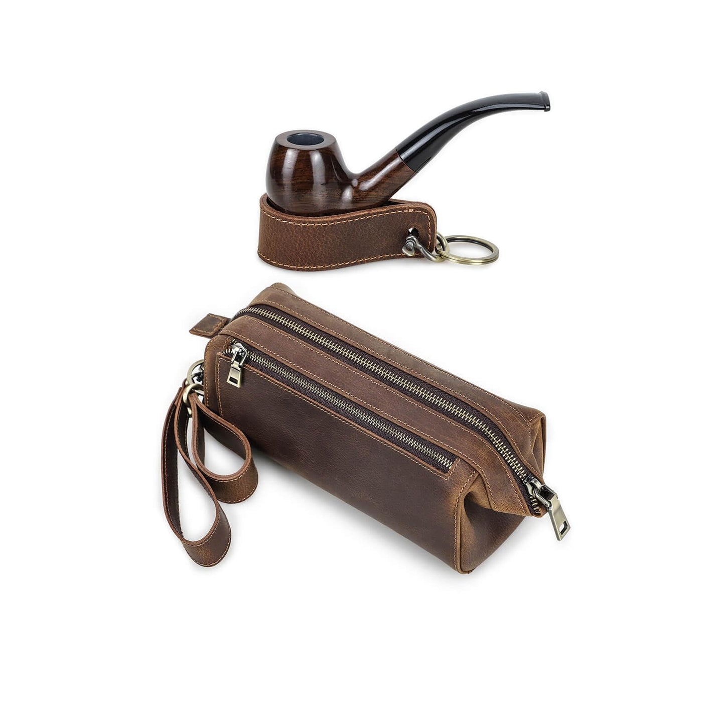 Hiram Handcrafted Travel Pipe Tobacco Pouch Pipe Support Stand Full Grain Leather Smoking Pipe Accessories Organizer for 2 Pipes,Lighters,Cigarette Accessories（only pouch case）