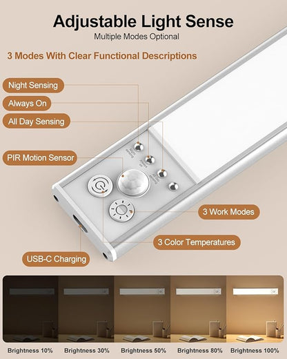 Under Cabinet Lighting, LED Motion Sensor Light Indoor with 3 Color Dimmable, 2500mAh Battery Operated Closet Lights Rechargeable Lamp, Magnetic Under Counter Night Lights Used in Cabinet (16 inches)