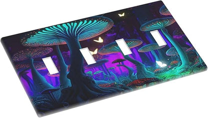 Fantasy Mushroom Forest Glowing Butterfly Quad Gang Toggle Light Switch Cover 4-Gang Wall Plates Decorative Electrical Switchplate for Home Bedroom Art Decorate