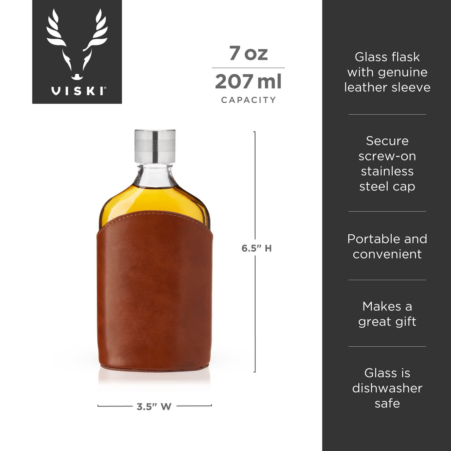 Viski Admiral Parker Glass Flask for Men, Elegant Leakproof Hip Flask with Leather Sleeve for Whiskey, Vodka, Gifts for Men, Groomsmen Gifts, Travel, Camping, Outdoor Adventure, 7 oz, Set of 1