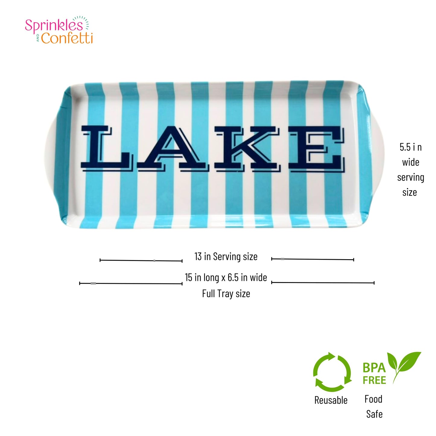 Sprinkles & Confetti Lake Melamine Serving Tray with Handles, Lake Blue Stripe Rectangular Platter - Shatter-Resistant, BPA-Free, Dishwasher Safe - Serving Tray for Charcuterie, Lake Days & BBQs