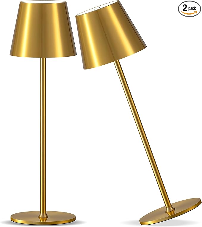 PUSU Cordless Rechargeable Table Lamp Set of 2, 4000mAh Battery Powered LED Desk Lamp, 3 Color Stepless Dimming Up, Portable Table Light Lamp for Bedroom Restaurant Outdoor (Gold)
