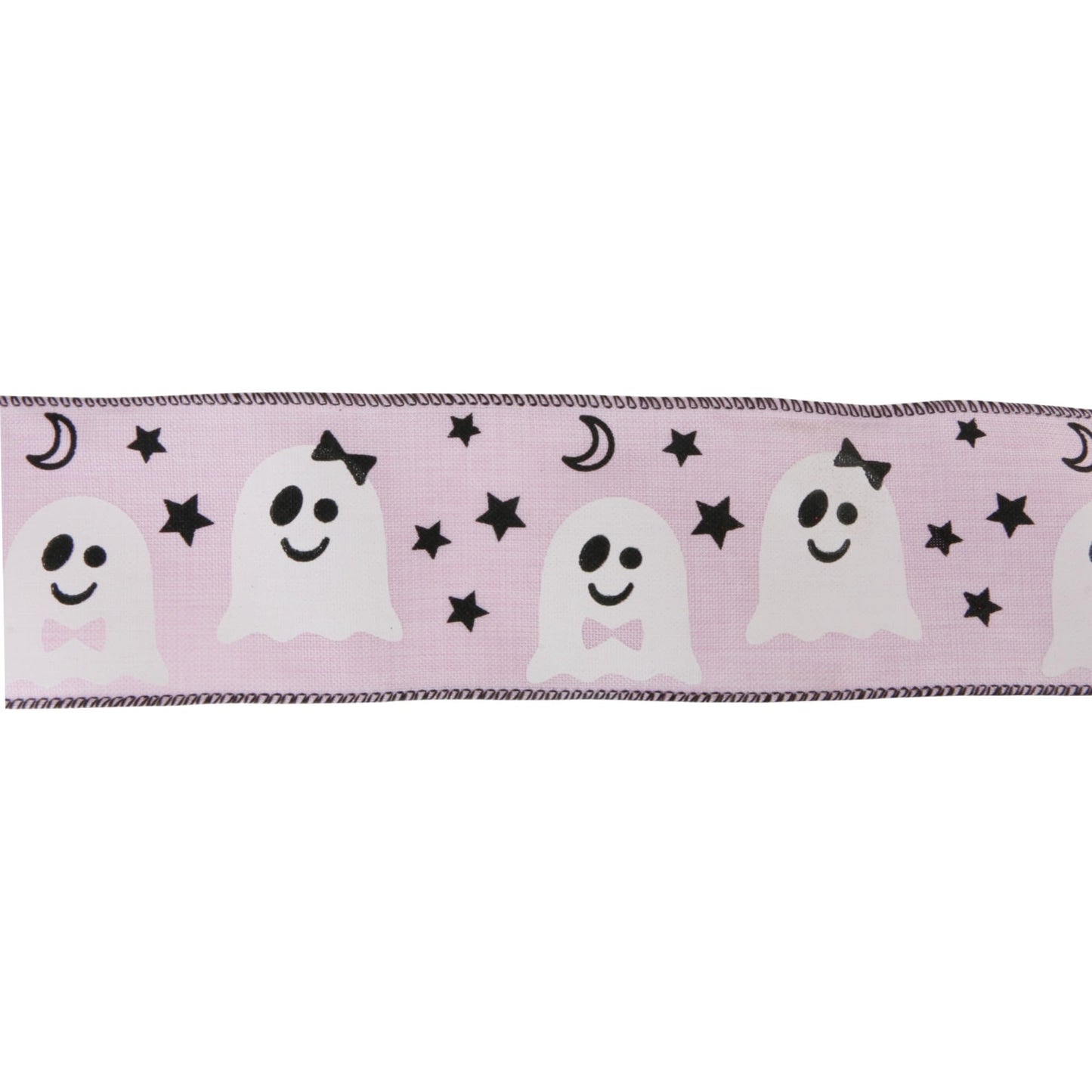 Meseey Pink Ghost Wired Ribbon 2.5 Inch x 20 Yards, Cute Spooky White Ghost Star Moon Linen Wired Edge Ribbon for Halloween Wreath, Gift Wrapping, Fall Birthday Party DIY Craft Decor