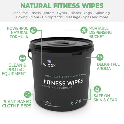 Wipex Yoga Mat Cleaner Wipes - Plant-Based Lemongrass, Eucalyptus & Vinegar Wipes for Gym & Fitness Equipment & All Purpose Gym Cleaning - Safe for Peloton Bikes & Treadmills - 400 Count