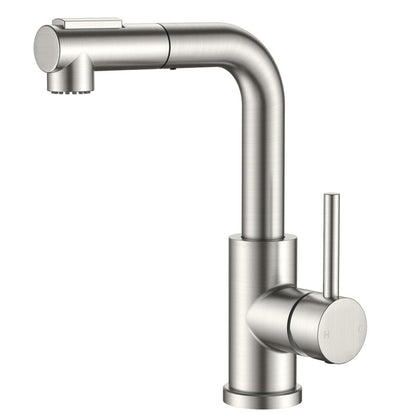 FORIOUS Modern Bar Sink Faucet Brushed Nickel, Stainless Steel Single Handle Small Kitchen Sink Faucet with Pull Out Sprayer, 360° Swivel Spout L-Shaped Design Suitable for Camper Outdoor Bathroom RV