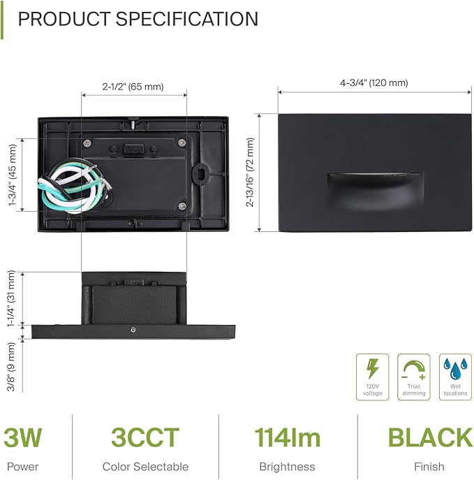 ASD LED Recessed Step Light Fixture, Outdoor & Indoor Stair Tread Lighting | 3CCT, Dimmable, Waterproof, ETL Listed | 3W 120LM 3000K-5000K 120V | Staircase Hardwired Illumination | Black, 24 Pack