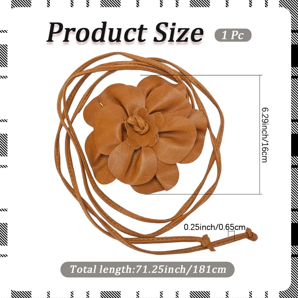 CALFOVERA 0.3 Inch Big Flower Decor Skinny Waistband Brown Boho Flower PU Leather Waist Belt Thin Elegantes Belts Slim Leather Rope Tassel Waist Strap Band for Women Dress Shirts Wedding