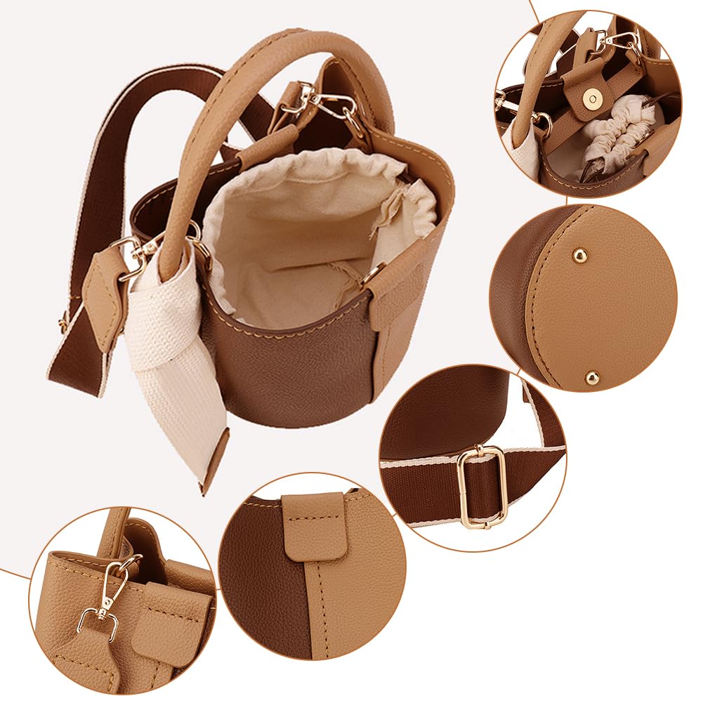 WADORN DIY PU Leather Bag Making Kit for Women, Handbags Sewing Kit for Adult DIY Bucket Bag Making Kit with Lined Pockets DIY Purse Cross Leather Craft Bag Making Supplies, 6.7x6.7 Inch, Brown