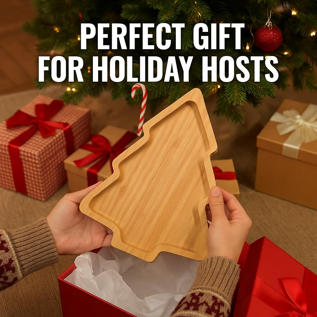 Christmas Tree Charcuterie Board, Bamboo Holiday Cheese & Serving Tray, Tree-Shaped Cutting Board for Appetizers, Fruit, Desserts & Cookies, Wooden Kitchen Platter, Gift for Holiday Parties