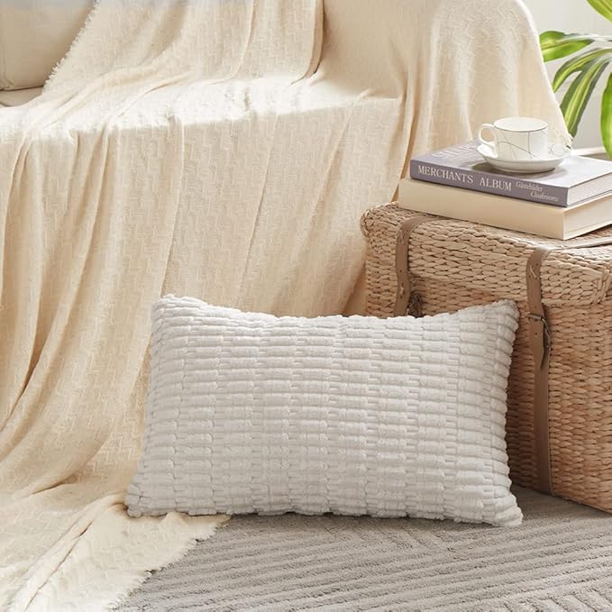 Fancy Homi Pure White Lumbar Decorative Throw Pillow Covers 12x20 Inch for Living Room Couch Bed Sofa, Rustic Farmhouse Boho Home Decor, Soft Striped Corduroy Rectangle Cushion Case 30x50 cm
