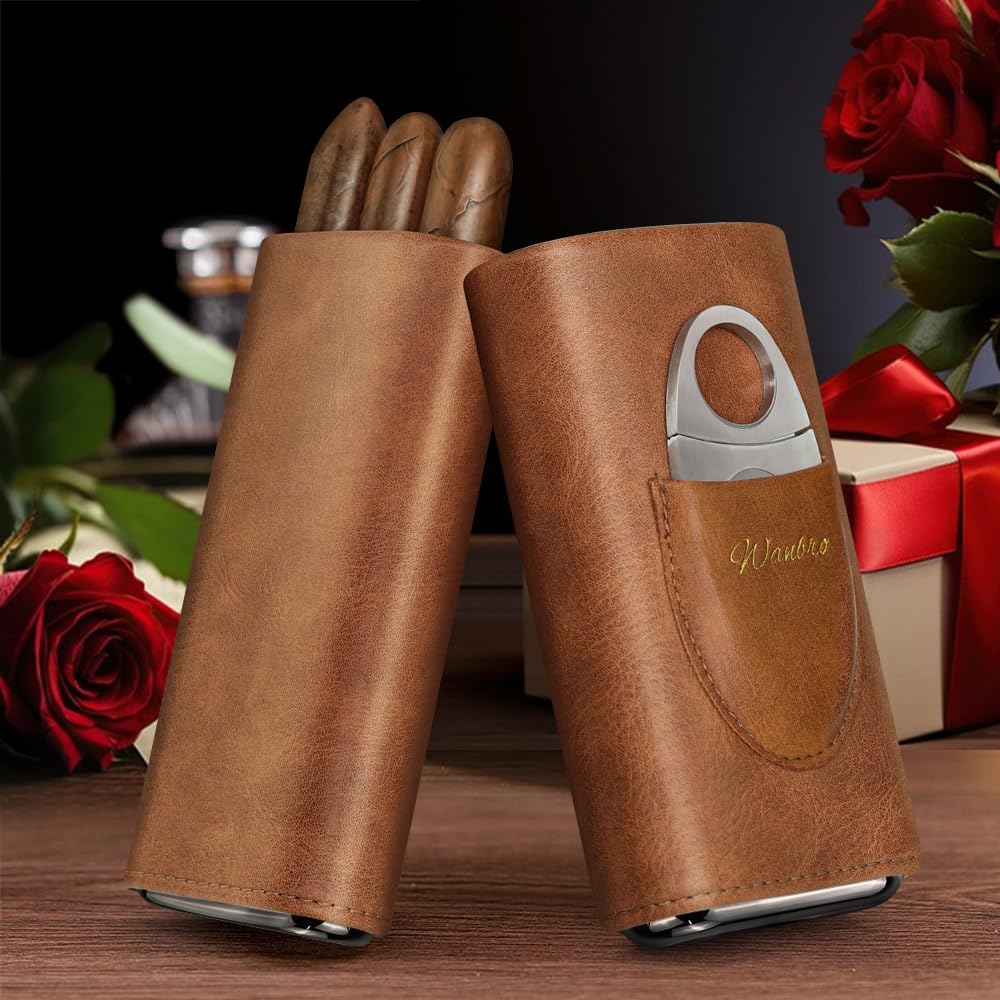 wanbro Cigar Case, 3pcs Holder, Cigars Travel Case, Cedar Lined, Leather Made Cigar Humidor with Stainless Cutter, Christmas gift for men dad