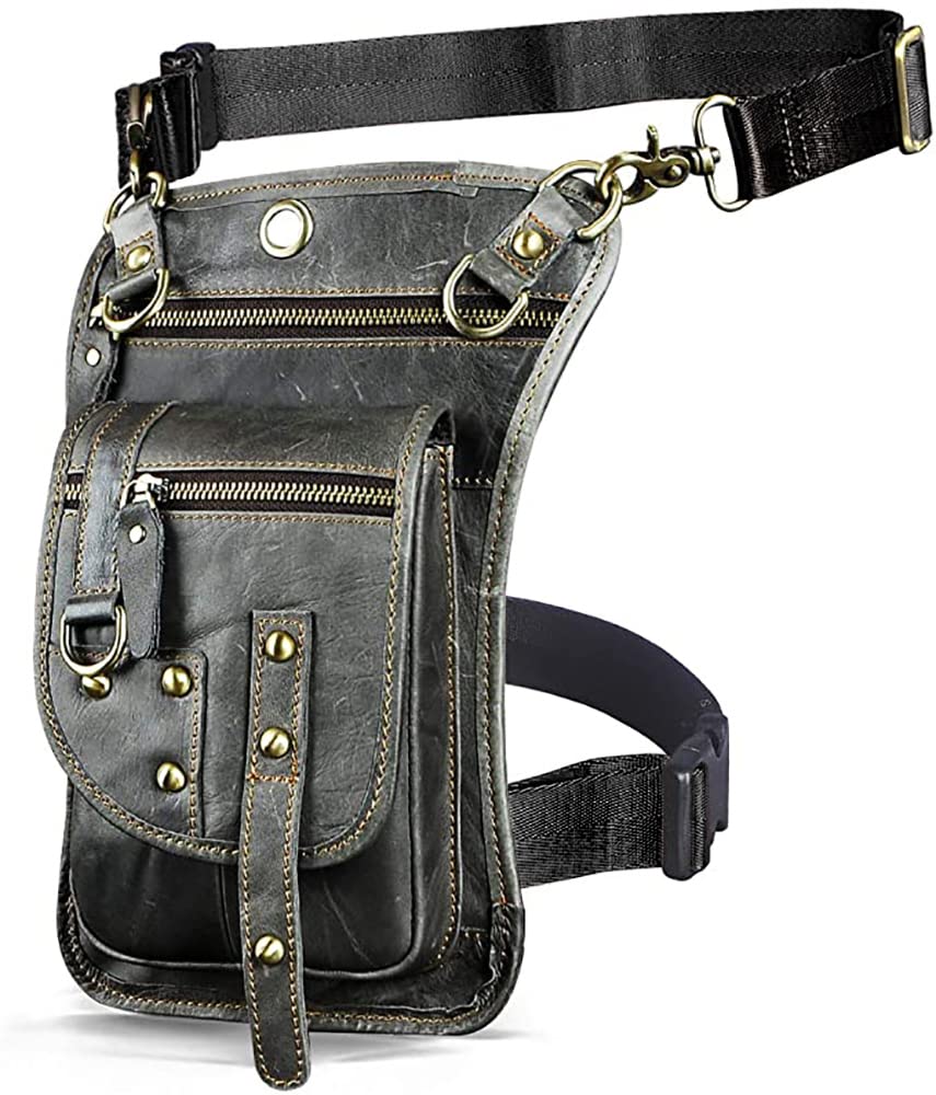 Le'aokuu Mens Genuine Leather Outdoor Sporting Hicking Waist Hip Pack Sling Messenger Shoulder Drop Leg Thigh Bag Pouches For Women (2141 2 Grey)