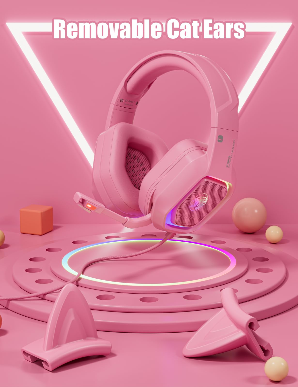 ZIUMIER Gaming Headset with Detachable Cat Ears, Compatible with PS4 PS5 Xbox One PC Laptop, Over-Ear Headphones with LED Light, Noise Canceling Mic, Stereo Surround Sound (Pink Cat)