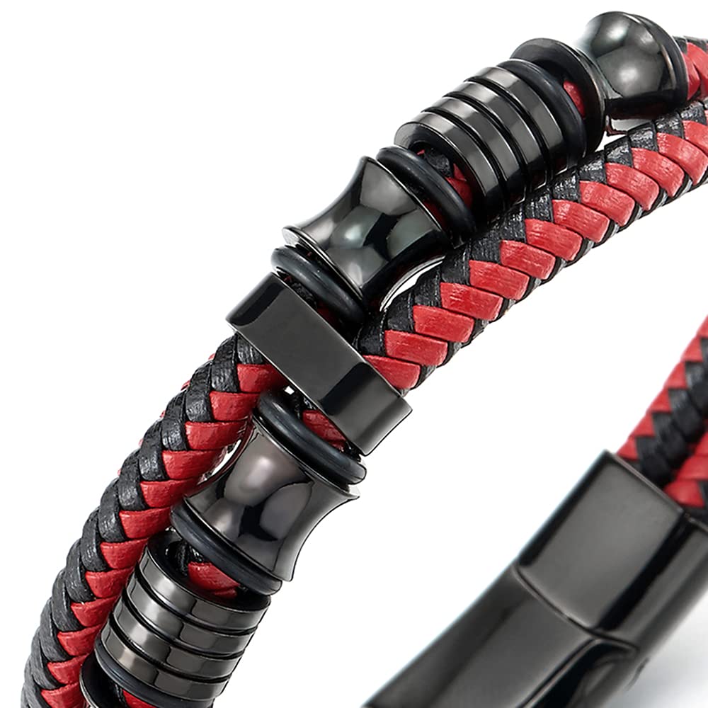 COOLSTEELANDBEYOND Mens Double-Row Black Red Braided Leather Bracelet Bangle Wristband with Black Stainless Steel Ornaments