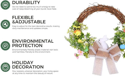 Spring Easter Wreath with Bunny, Floral Decorations, Burlap Bow, 14 inches
