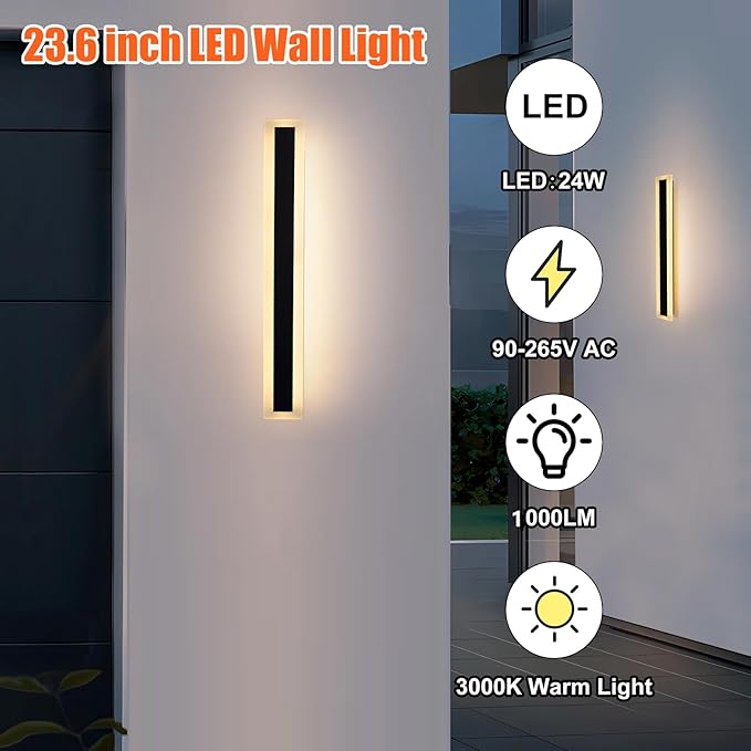 TooCust 23.6in Long Outdoor Modern LED Wall Light, IP65 Waterproof, 24W Warm White Light 3000K, Narrow Strip Light, Durable Wall Sconce for Garage, Porch, Garden, Patio, Wired Installation, 1PACK