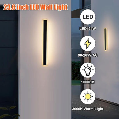 TooCust 23.6in Long Outdoor Modern LED Wall Light, IP65 Waterproof, 24W Warm White Light 3000K, Narrow Strip Light, Durable Wall Sconce for Garage, Porch, Garden, Patio, Wired Installation, 1PACK