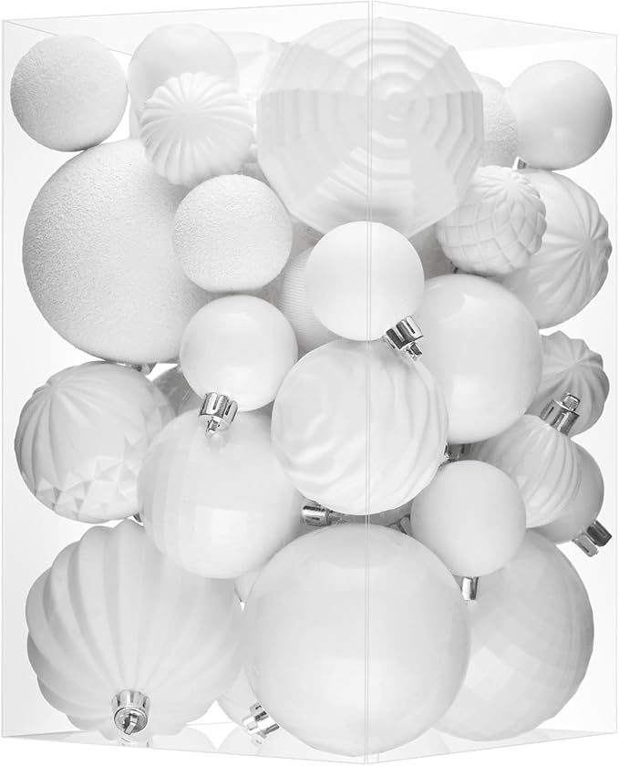 JORNOY Christmas Tree Ornaments Set, 47 Pack Assorted Shatterproof Hanging Balls Decorations, Plastic Bulbs Bulk with Lanyard for Home Holiday Party Decor, 3-Sizes (Pure White)