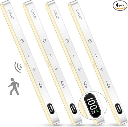 WILLED 3000K Closet Lights Motion Sensored, Battery Display, 60 LED Touch Light Bar, Motion Sensor Light Indoor, Under Cabinet Lights Rechargeable, Stick on Light for Closet, Kitchen, Hallway, 4 Pack