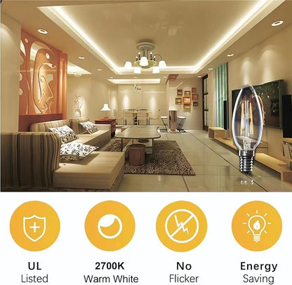 E12 LED Light Bulbs Dimmable 2700K Warm White 4 watt 40W Equivalent Chandelier Light Bulb Filament LED Candle Bulbs,for Ceiling Fan Home,Candle Lamp,Bedroom Decor. (2700k Warm White, 12-Pack)