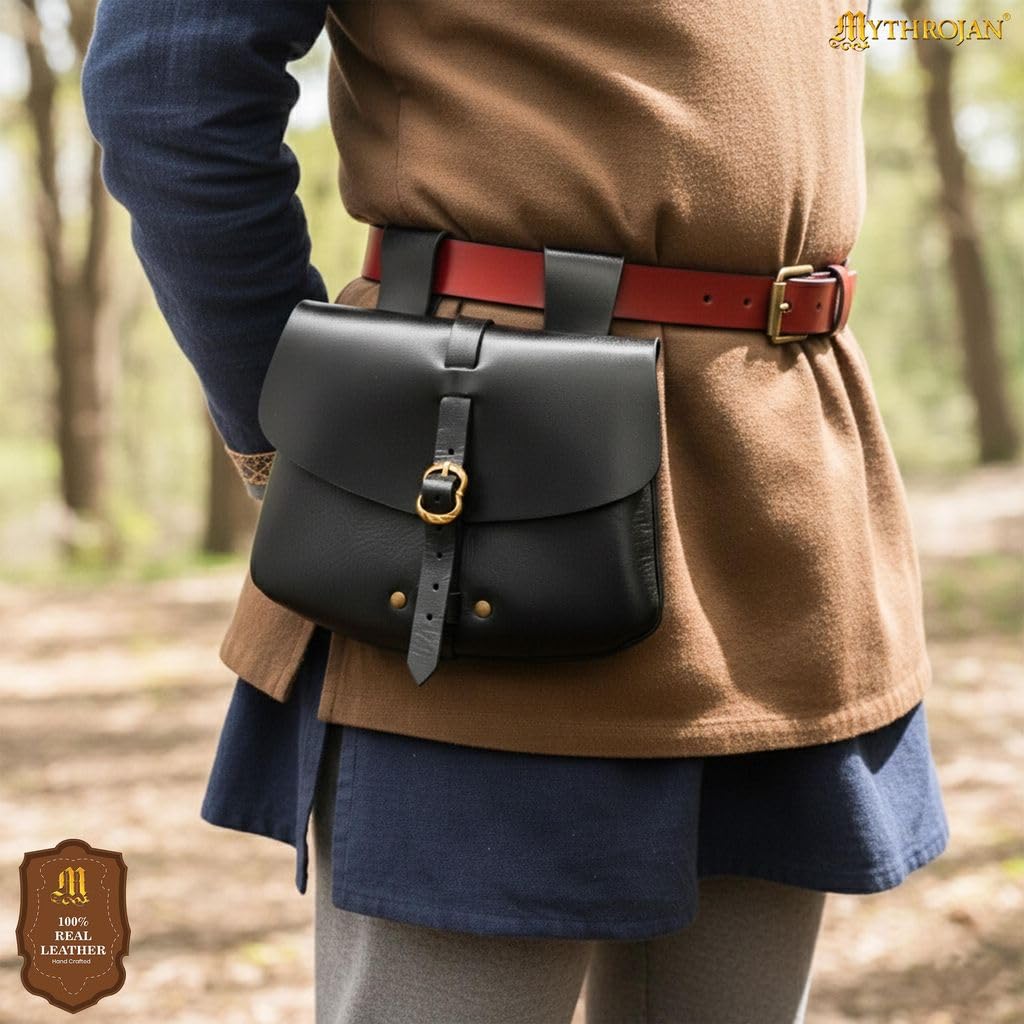 "Medieval Leather Belt Pouch Vintage Waist Bag for LARP, Renaissance Fairs, Costumes, Cellphone Holder, Travel Wallet, Fanny Pack, Holster Purse Durable & Stylish Pouch - Black, 6.2" x 7"