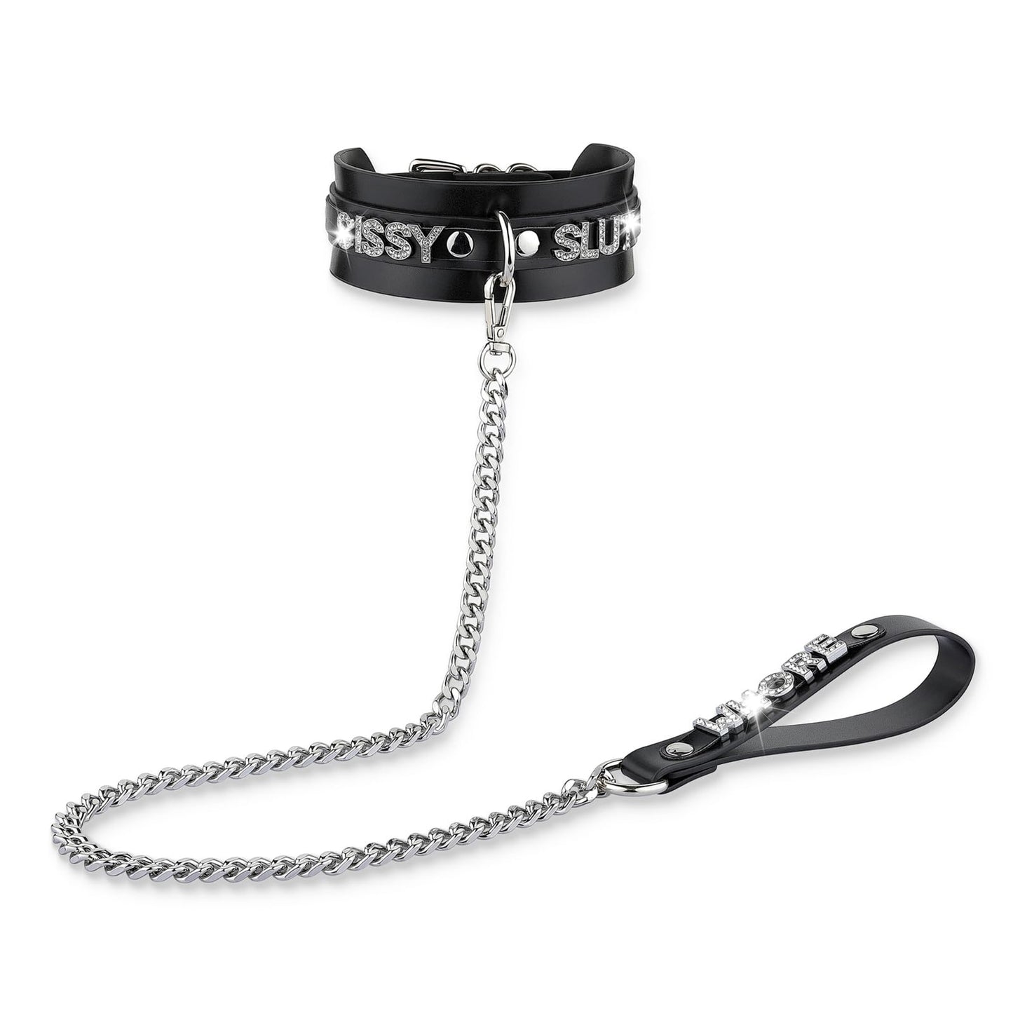 ADEMISHIA Women's Black Leather Choker Necklace with Rhinestone Letters, Adjustable Punk Gothic Custom Name D-ring Collar Jewelry For Women