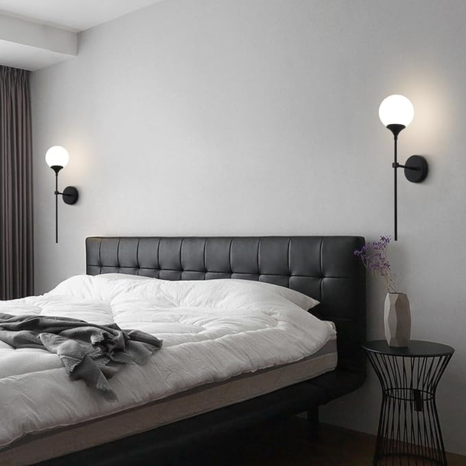 KCO Lighting Farmhouse Matte Black Wall Sconce Set of 2 Vintage Milk White Glass Globe Wall Light Mid Century Modern Bathroom Vanity Light Set of Two Industrial Bar Wall Lamp