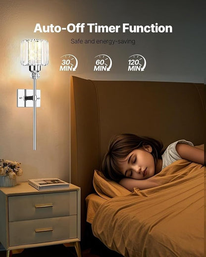 Modern Wall Sconces Lighting Battery Operated Set of 2,No Wiring Rechargeable Wall Lights Fixture with Wireless Remote,Clear Glass Long Wall Lamp Silver for Bedroom Bathroom Living Room Vanity Light