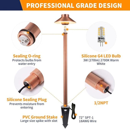 Gardenreet Solid Brass Copper Path Lights(Hat), 12V AC/DC Waterproof LED Sideway Lights Outdoor, Low Voltage Lighting Wired for Garden Walkway Driveway Garden Yard with 3W 2700K G4 Bulb(4 Pack)