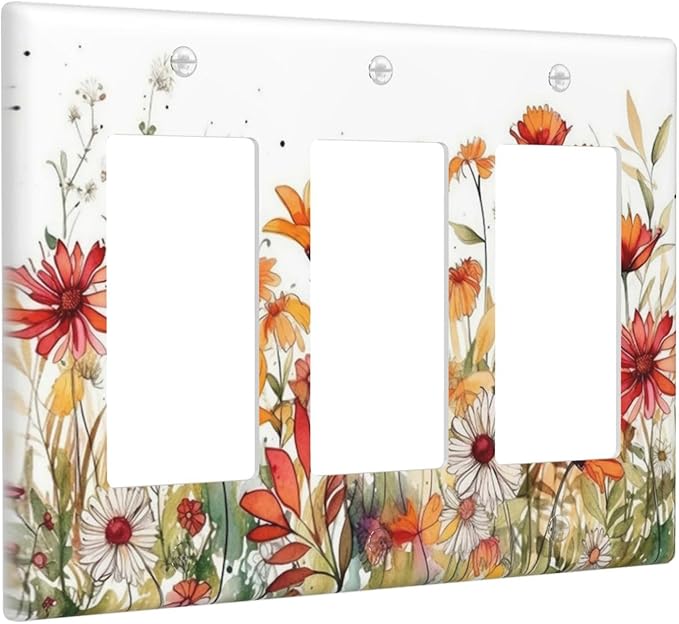 Watercolor Wild Flower Floral Triple Rocker Light Switch Covers 3 Gang Outlet Wall Plate Cover Decorative Switchplate Faceplate GFCI for Nursery Bedroom Bathroom Decor