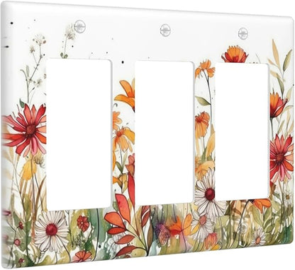 Watercolor Wild Flower Floral Triple Rocker Light Switch Covers 3 Gang Outlet Wall Plate Cover Decorative Switchplate Faceplate GFCI for Nursery Bedroom Bathroom Decor