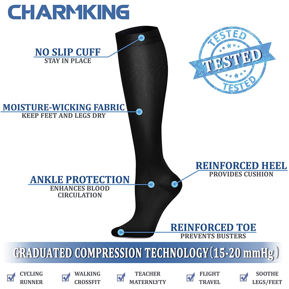 CHARMKING Compression Socks for Women & Men (8 Pairs) 15-20 mmHg Graduated Copper Support Calf Socks are Best for Pregnant, Nurses - Boost Performance, Circulation, Knee High Wide Calf(L/XL, Multi 01)