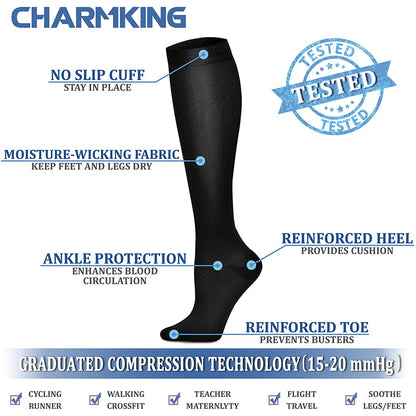 CHARMKING Compression Socks for Women & Men (8 Pairs) 15-20 mmHg Graduated Copper Support Calf Socks are Best for Pregnant, Nurses - Boost Performance, Circulation, Knee High Wide Calf(L/XL, Multi 01)