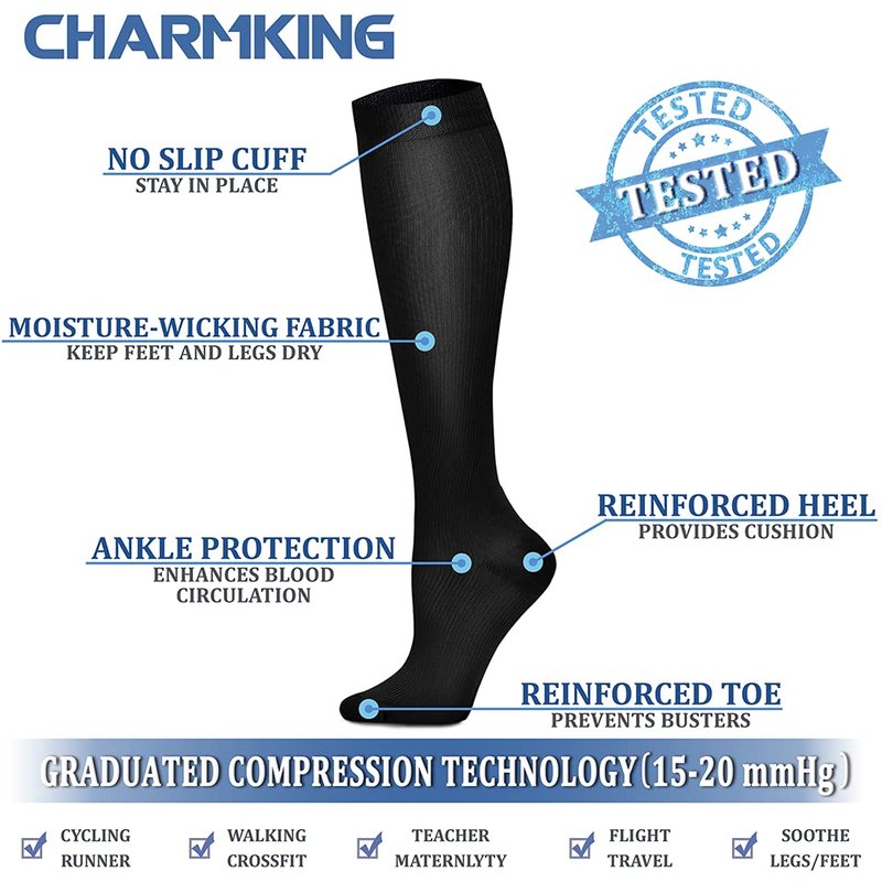 CHARMKING Compression Socks for Women & Men (8 Pairs) 15-20 mmHg Graduated Copper Support Calf Socks are Best for Pregnant, Nurses - Boost Performance, Circulation, Knee High Wide Calf(L/XL, Multi 05)