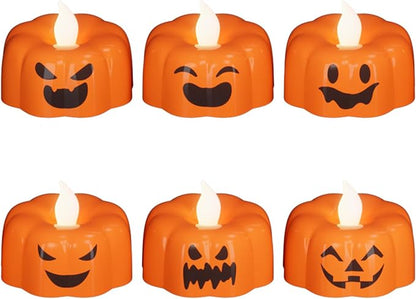 Halloween Flameless Candles with 6H Timer, Pumpkin Tea Lights with Ghost Face Flickering, LED Candles Battery Operated Fall Decor 6 Pack Φ 1.9" H 1.6" for Halloween Decorations