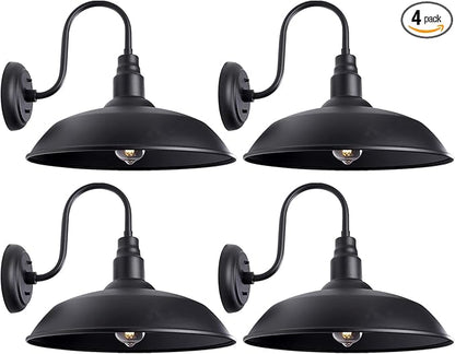 Large Black Gooseneck Barn Light for Farmhouse, 16in Dome Outdoor Wall Lights for Porch, 4 Pack Exterior Lighting Fixture with Goose Neck Arm for Front and Back Porch House Garage Door