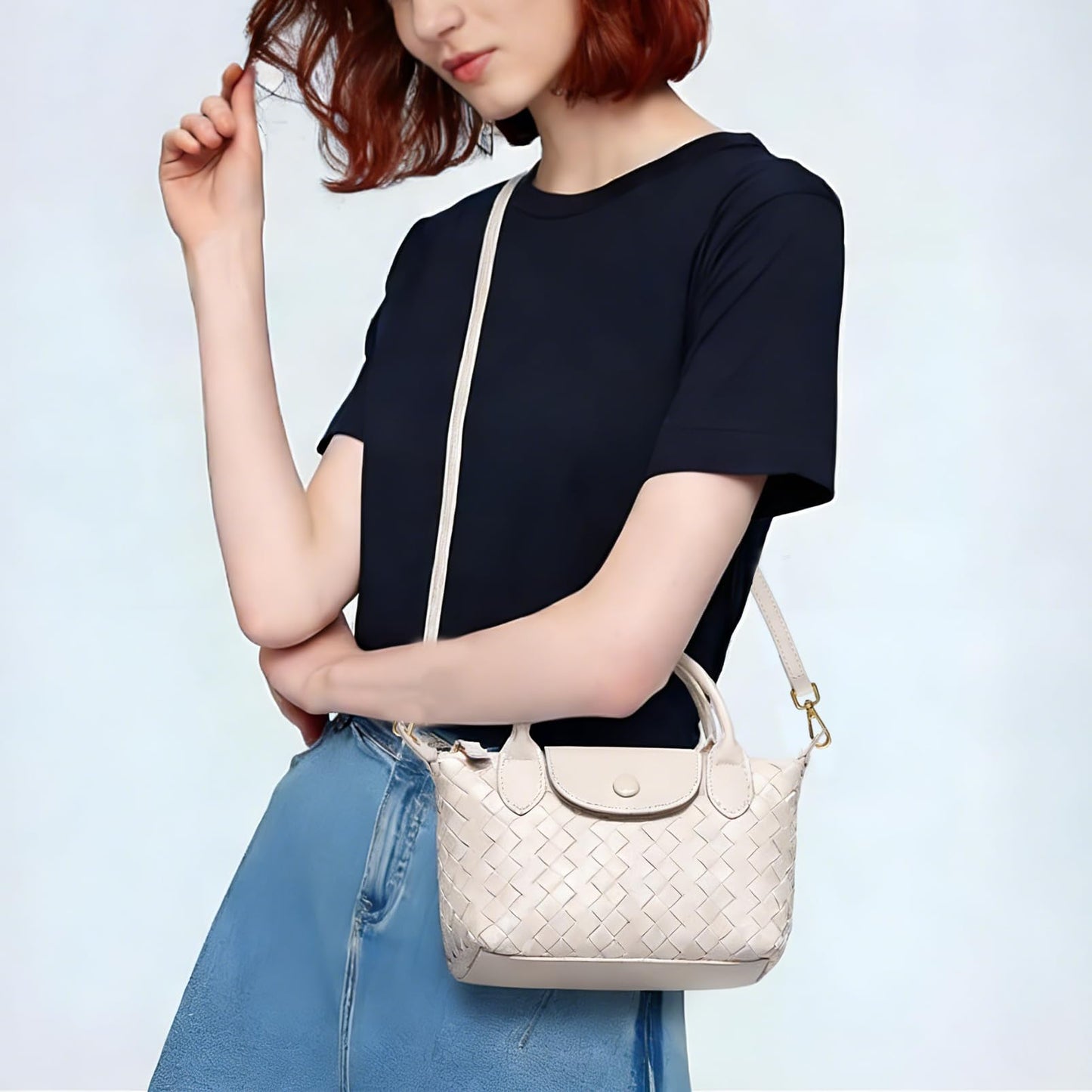 Small Vegan Leather Crossbody Bags For Women, Mini Woven Dumpling Handbag, Cute Top Handle Shoulder Purse For Travel Dating (Off White)