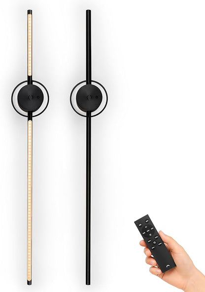 Battery Operated Wall Sconces - Set of Two, 31" in Matte Black - 6000 mAh Rechargeable Wall Sconce, 3 Color Temperatures, 350° Rotating, & Dimmable - Wireless LED Lights with Remote Control & Timer