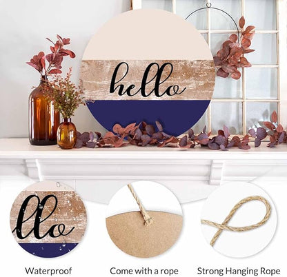 Welcome Sign for Front Door Porch Retro Beige Purple Hello 12in Round Wreath Wall Decor for Farmhouse Home Outdoor Indoor