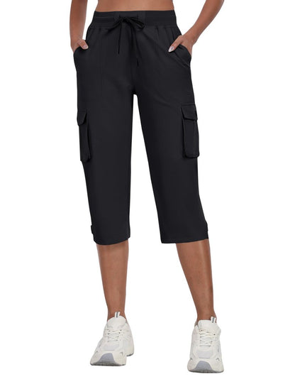 MoFiz Women's Cargo Capris Hiking Pants Lightweight Quick Dry Summer Outdoor Casual Travel Pants with Pockets Black 2XL