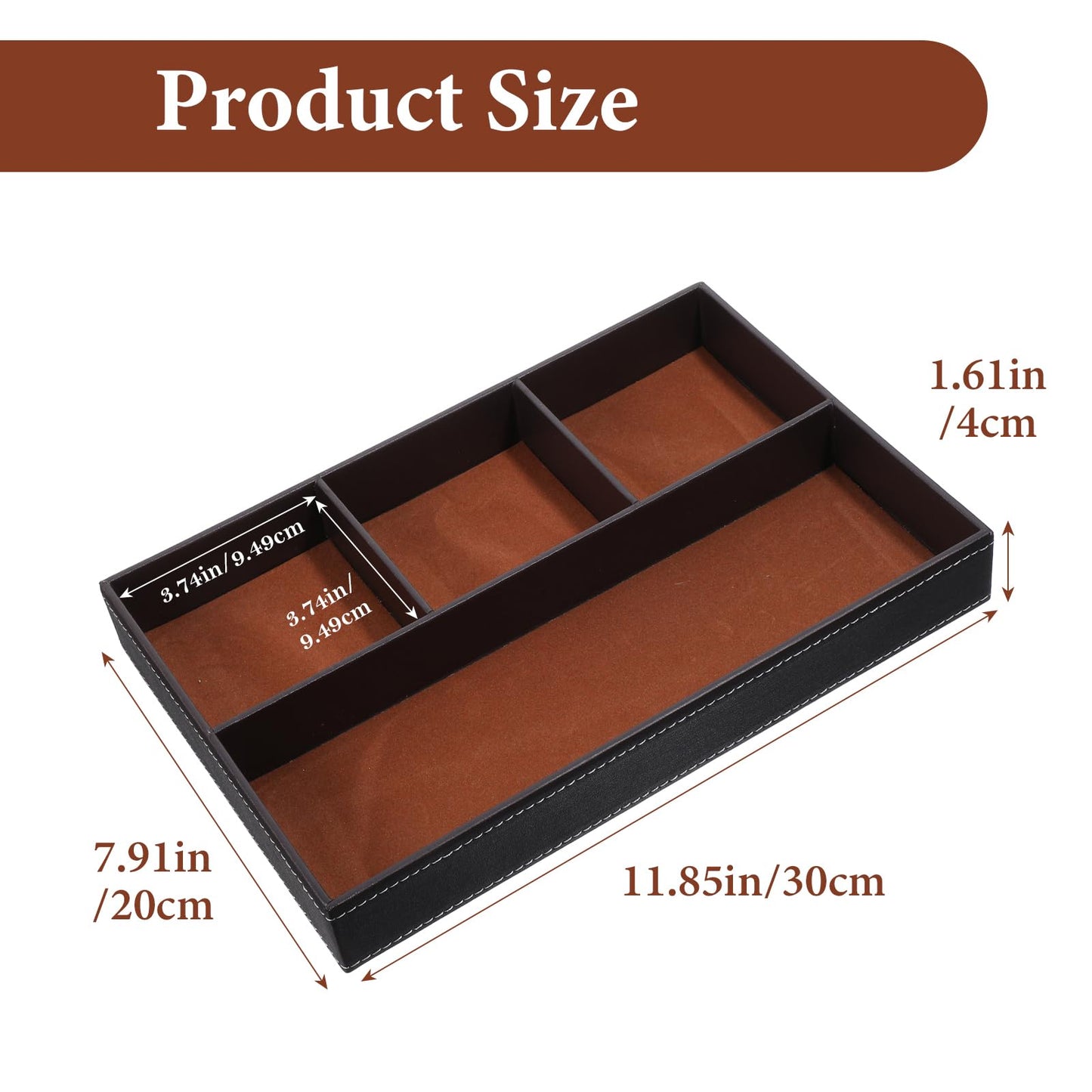 Caeuiciw 2 Pieces Faux Leather Valet Tray for Men, Stackable Jewelry Trays for Drawers, Mens Dresser Top Organizer for Key, Wallet, Sunglass, Watch, Coin, Phone, Nightstand Bedside Tray Brown