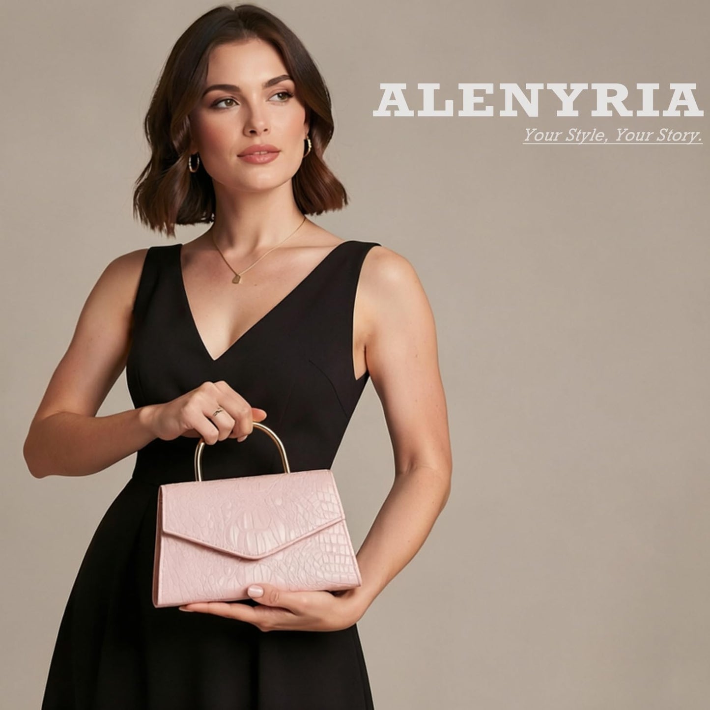 ALENYRIA Top Handle Evening Bag for Women Vegan Leather Envelope Clutch Purse Handbag Formal Wedding Prom Party (Faux Crocodile Skin Nude)