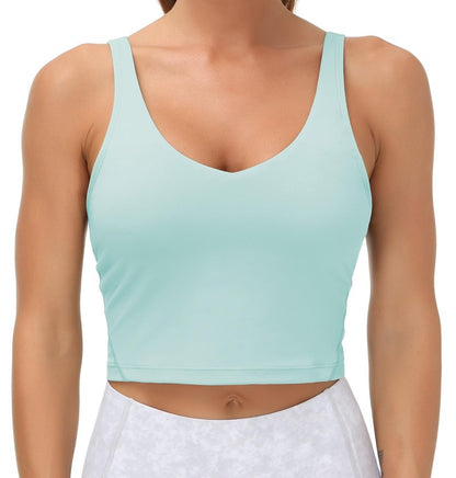 Women’s Longline Sports Bra Wirefree Padded Medium Support Yoga Bras Gym Running Workout Tank Tops Light Blue
