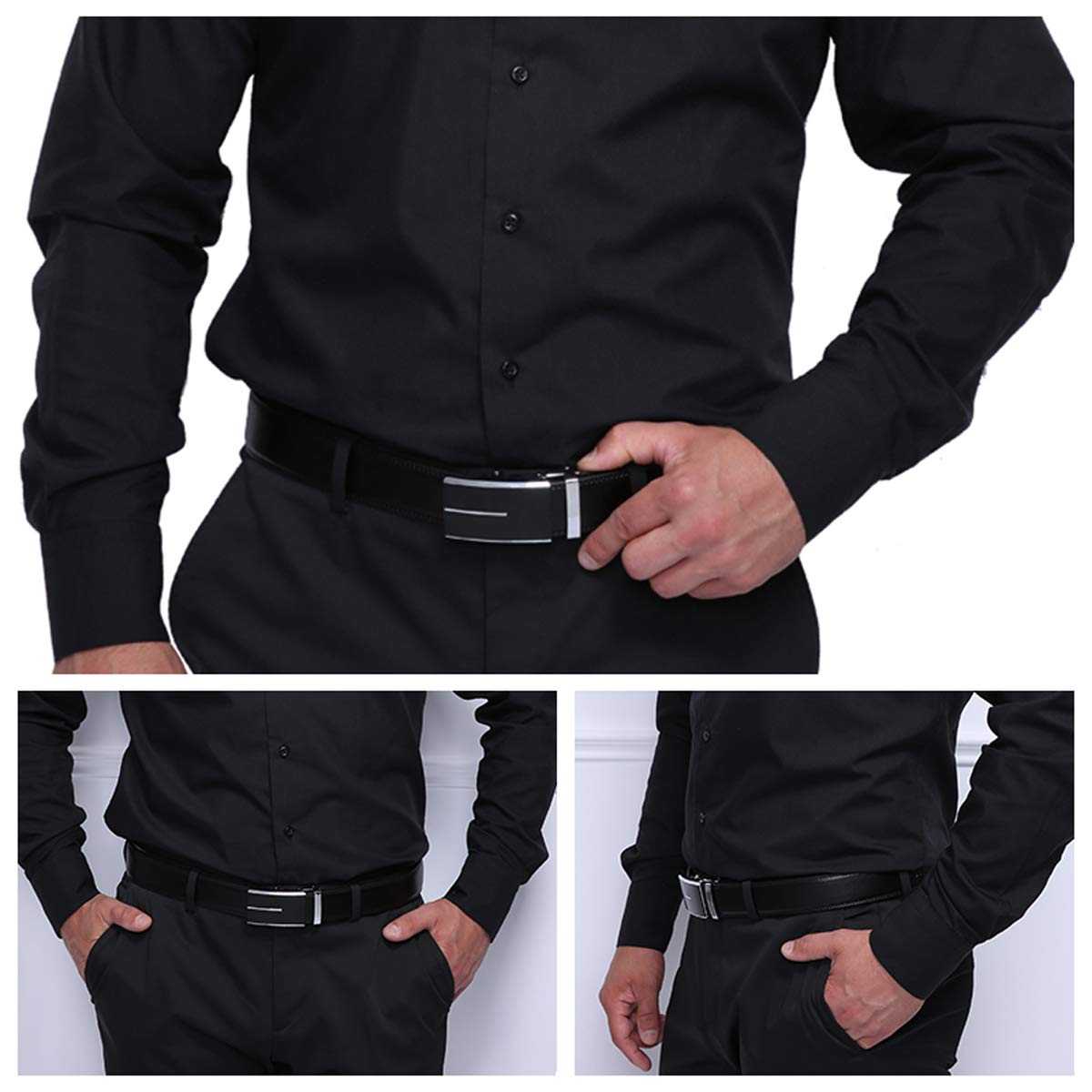 JINIU Mens Ratchet Belt Genuine Leather – Automatic Click Buckle Dress Belt with Minimalist Matte Black & Silver Design, Adjustable Trim to Fit Belt for Business, Work and Casual KT1 43"