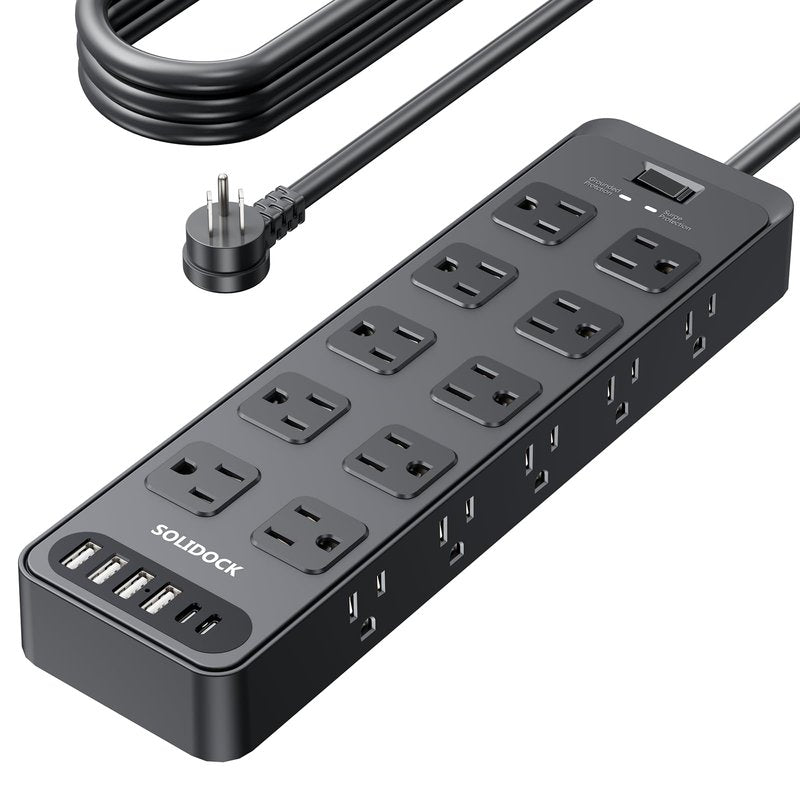 Solidock 20AC Power Strip with USB Ports, Heavy Duty Surge Protector Power Strip 15 Amp, 6Ft Extension Cord with Multiple Outlets
