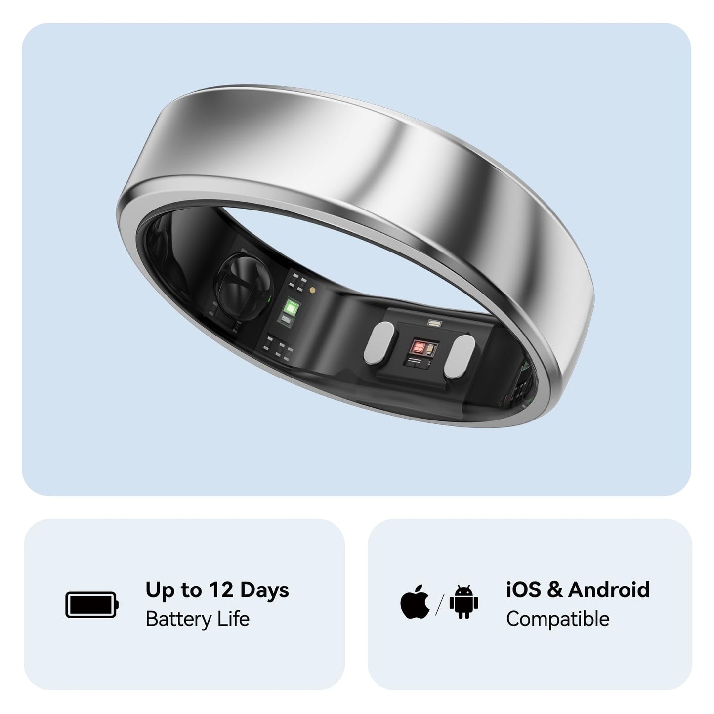 RingConn Gen 2, World’s First Smart Ring with Sleep Apnea Monitoring, No APP Subscription, 12-Day Battery Life, Stress/Heart Rate/Women's Health Tracker, Android & iOS Compatible (Silver, Size 10)