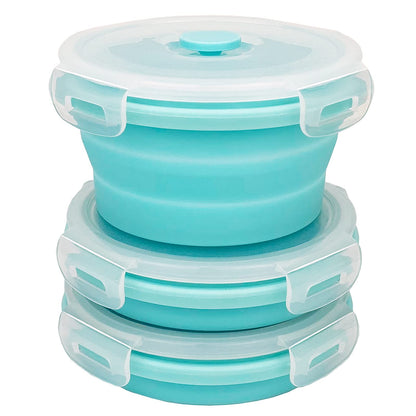 CCyanzi 3piece Round Collapsible Bowl with Lids, Silicone Food Storage Containers, Microwave & Freezer Safe, Space Saving for Kitchen Cabinet and Camping Backpack,(Pink)