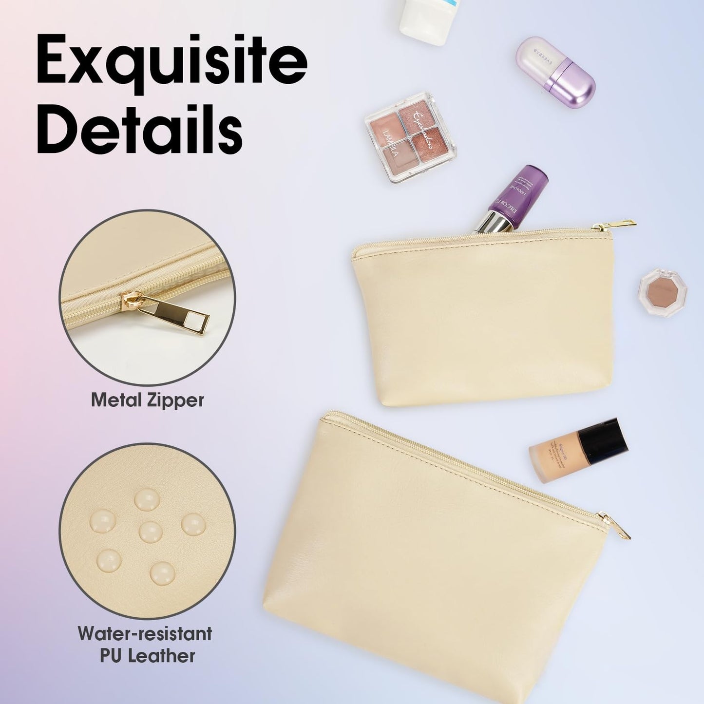 Wandering Nature Makeup Bag Small Cosmetic Bag for Purse 2 Pack Small Make Up Pouch Vegan Leather Cute Travel Pouch with Zipper for Women,Beige