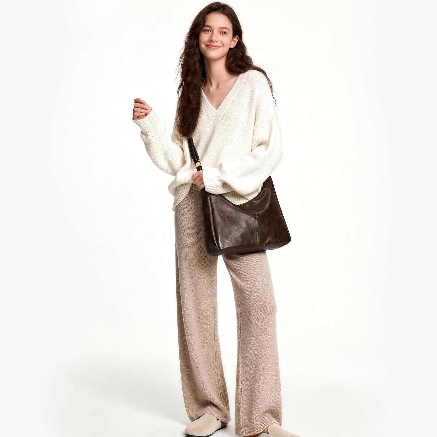 Brown Shoulder Bag for Women,Brown Leather Purse Slouchy Hobo Bags Everyday Purse Daily Commuting Bag with Zipper