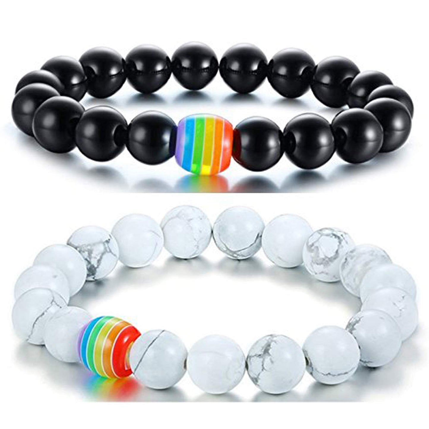 Nanafast LGBT Gay Rainbow Relationship Beaded Bracelet Couple Matching Pride Bead Bracelets Bangle 2 Pack (White/Black)